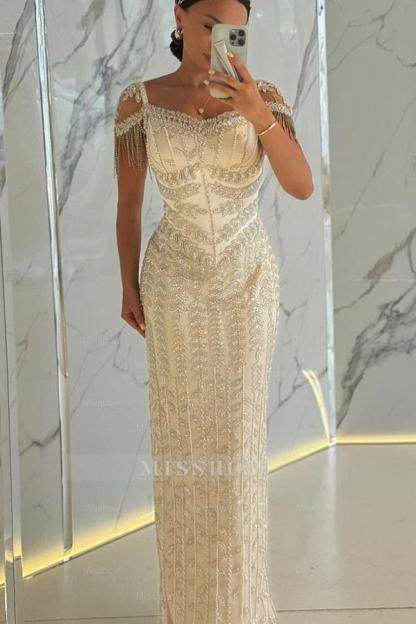 Exquisite Column Portrait Square Neck Floor-Length Evening Dresses with Slit