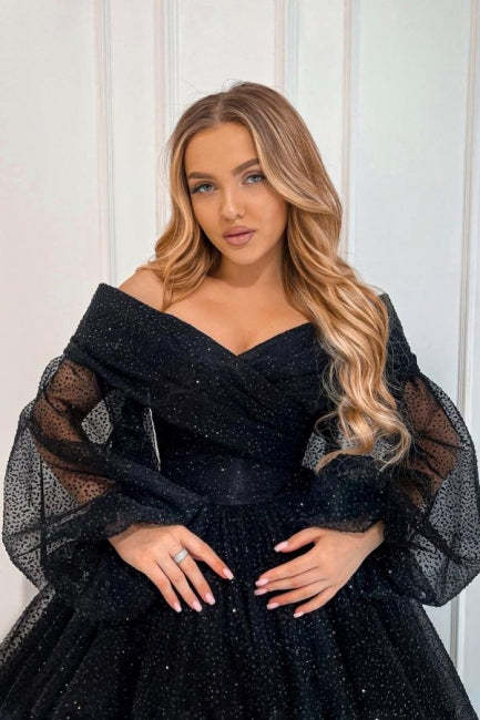 Exquisite Long Black A-line Ankle Length Off-the-shoulder Graduation Dresses with Long Sleeves