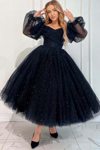 Exquisite Long Black A-line Ankle Length Off-the-shoulder Graduation Dresses with Long Sleeves