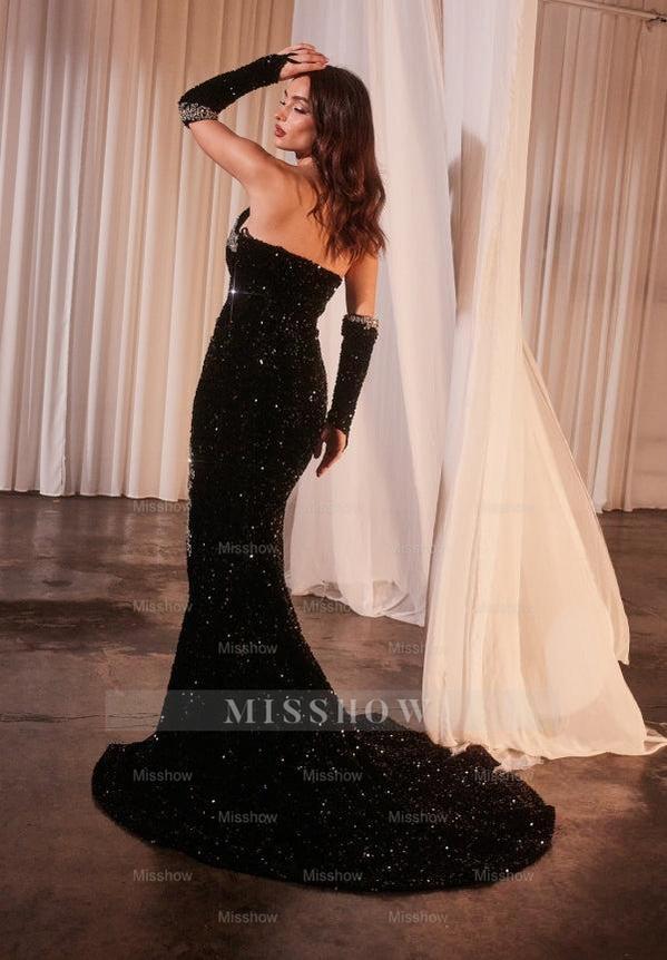 Exquisite Long Black Mermaid V-neck Sequined Prom Evening Dresses with Slit