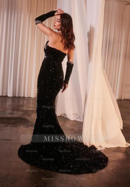 Exquisite Long Black Mermaid V-neck Sequined Prom Evening Dresses with Slit