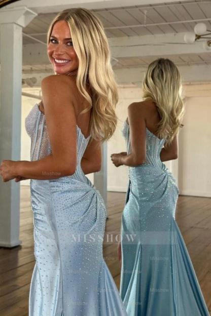 Exquisite Long Blue Mermaid Glitter Strapless Corset Prom Dress with Slit