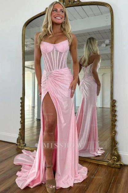 Exquisite Long Blue Mermaid Glitter Strapless Corset Prom Dress with Slit