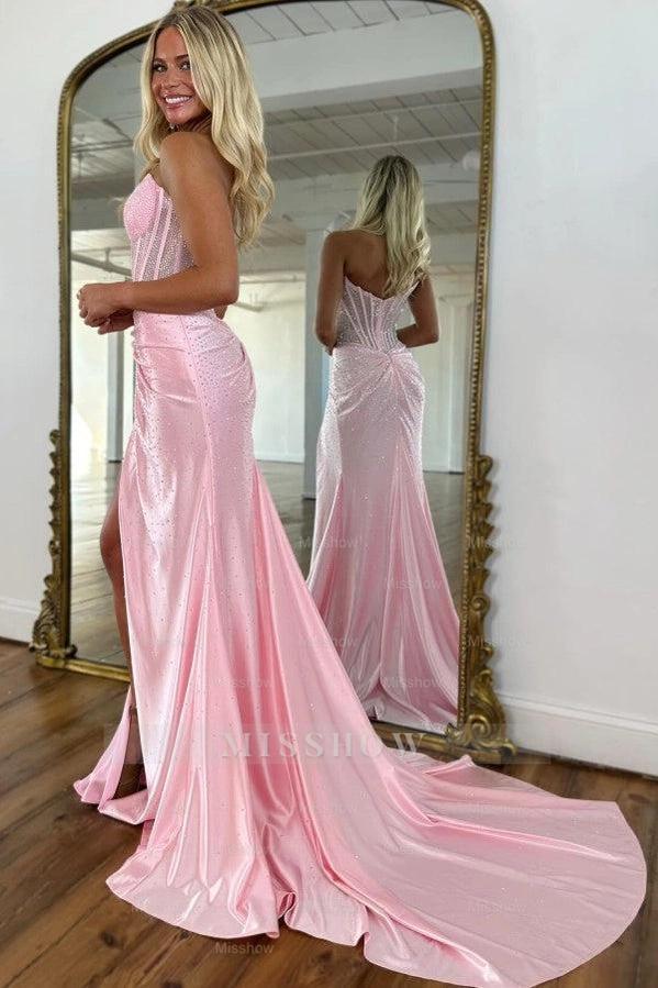 Exquisite Long Blue Mermaid Glitter Strapless Corset Prom Dress with Slit