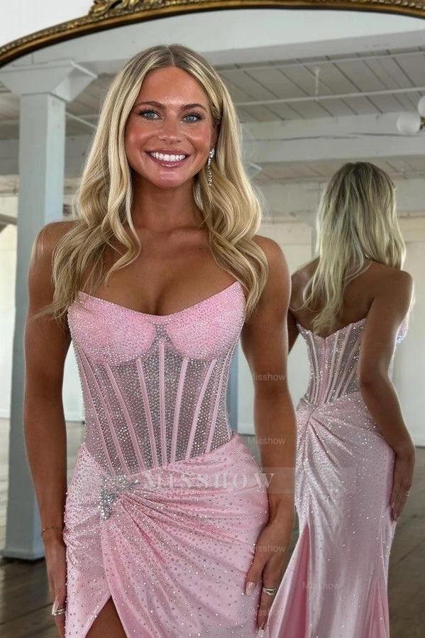 Exquisite Long Blue Mermaid Glitter Strapless Corset Prom Dress with Slit