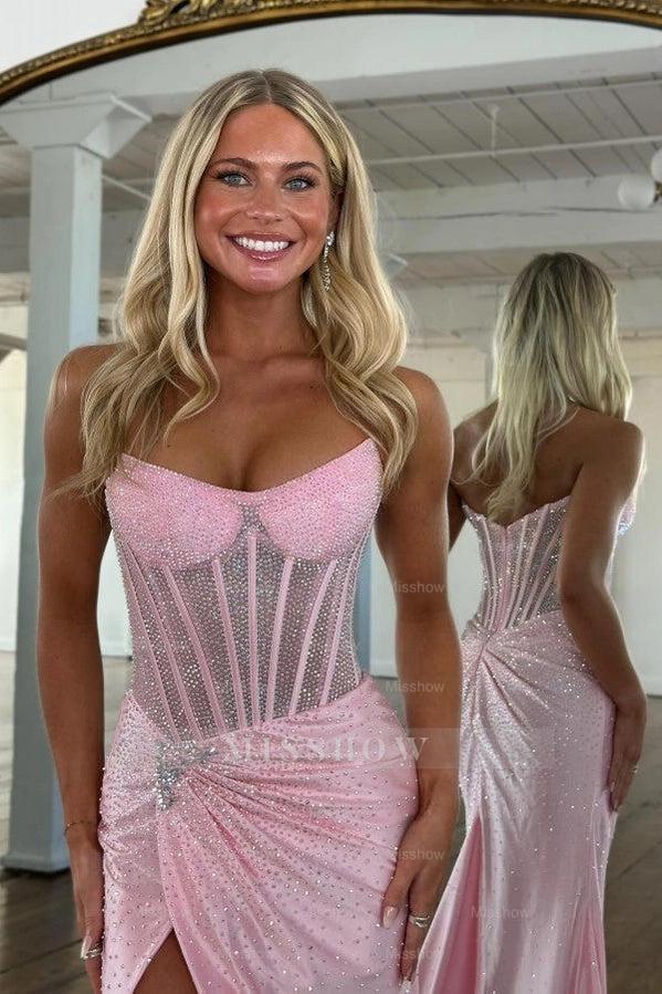 Exquisite Long Blue Mermaid Glitter Strapless Corset Prom Dress with Slit