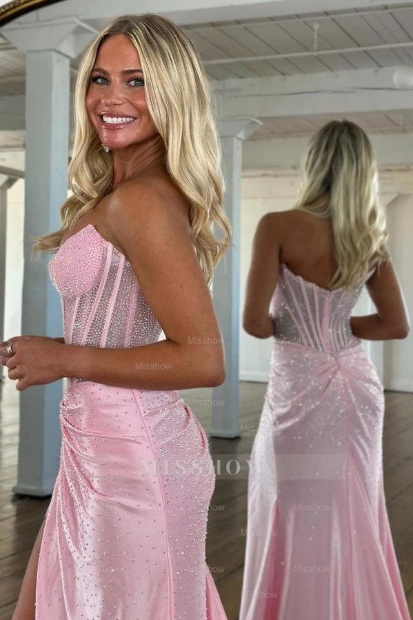 Exquisite Long Blue Mermaid Glitter Strapless Corset Prom Dress with Slit