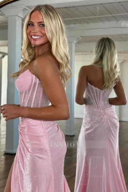 Exquisite Long Blue Mermaid Glitter Strapless Corset Prom Dress with Slit