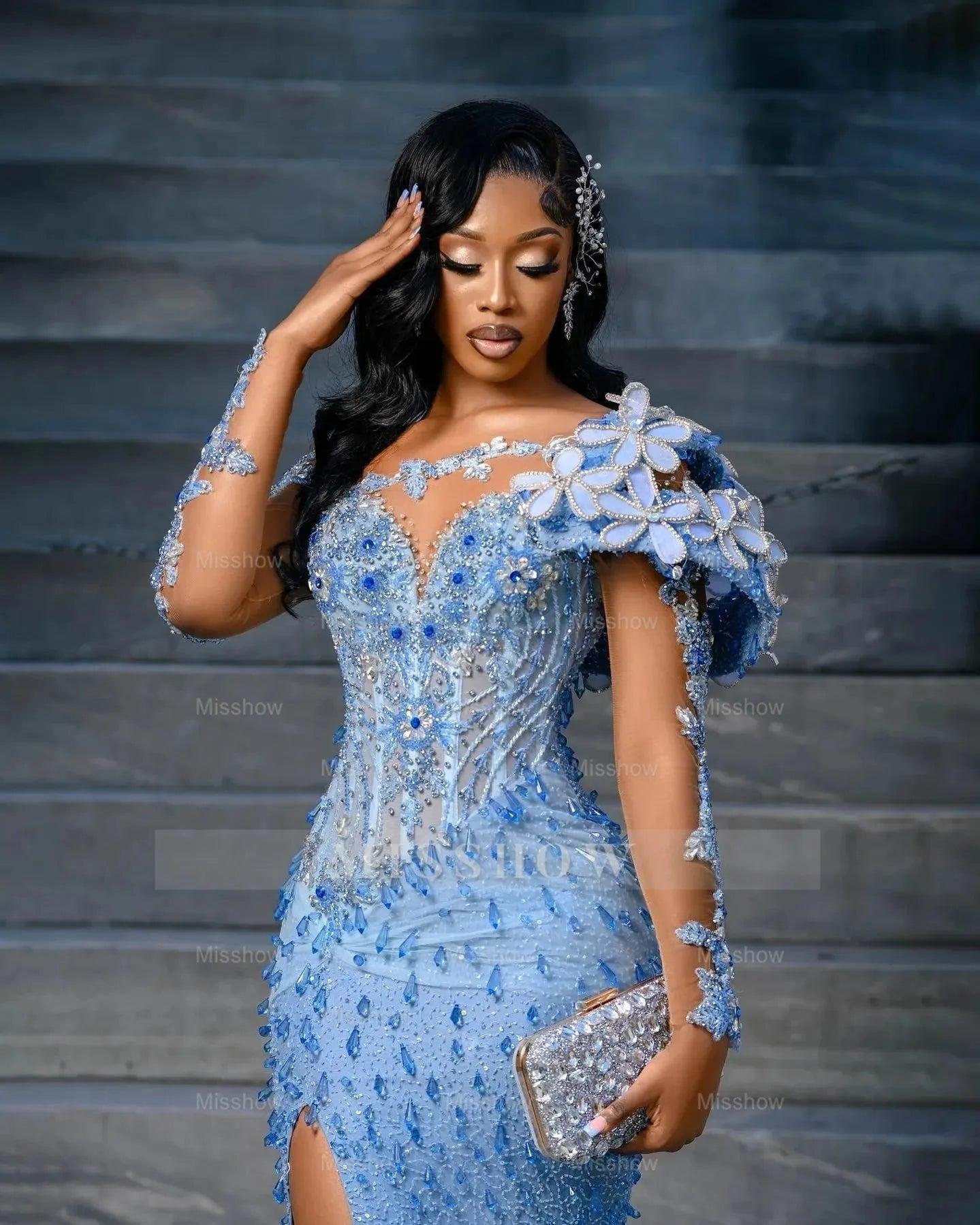 Exquisite Long Blue Mermaid Lace Crystal Long Sleeves Evening Dress with Slit