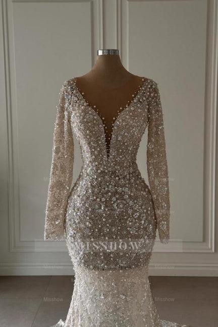 Exquisite Long Mermaid V-neck Lace Long Sleeves Wedding Dress with Pearls
