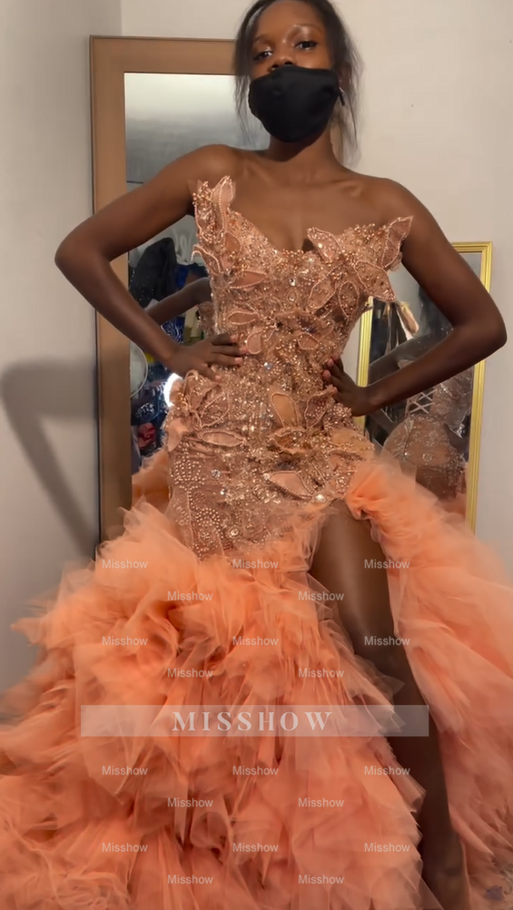 Exquisite Long Rose Mermaid Strapless Beaded Corset Prom Dress with Slit