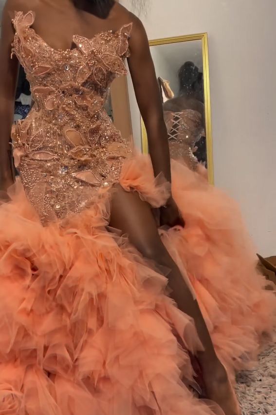 Exquisite Long Rose Mermaid Strapless Beaded Corset Prom Dress with Slit