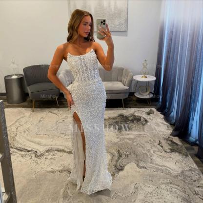 Exquisite Long White Mermaid Strapless Prom Dress with Beads and Pearls