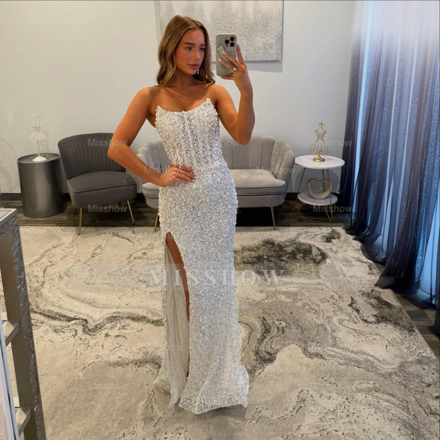 Exquisite Long White Mermaid Strapless Prom Dress with Beads and Pearls