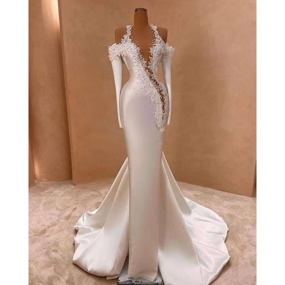 Exquisite Long White Mermaid Straps Satin Long Sleeves Wedding Dress with Pearls
