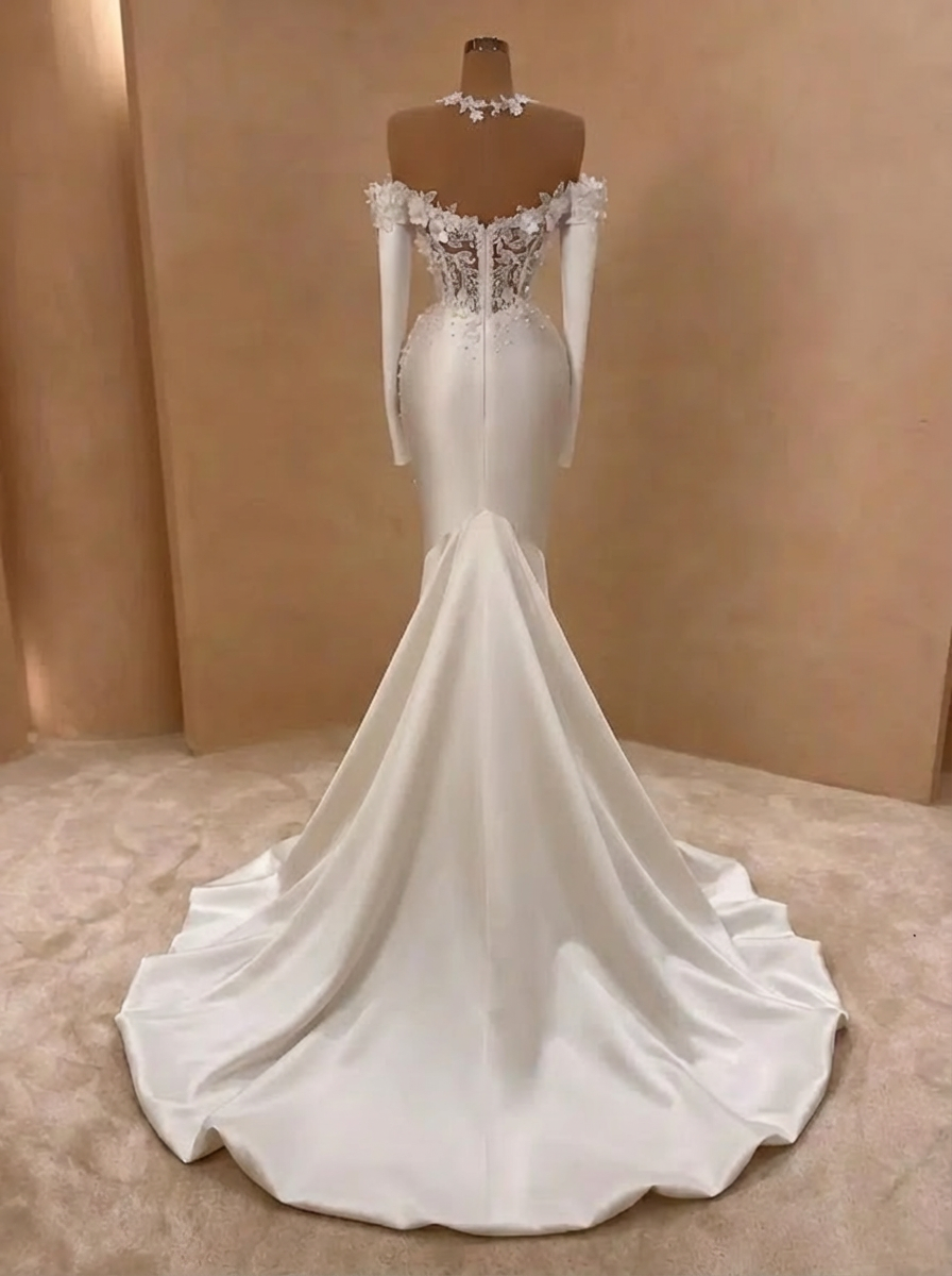 Exquisite Long White Mermaid Straps Satin Long Sleeves Wedding Dress with Pearls
