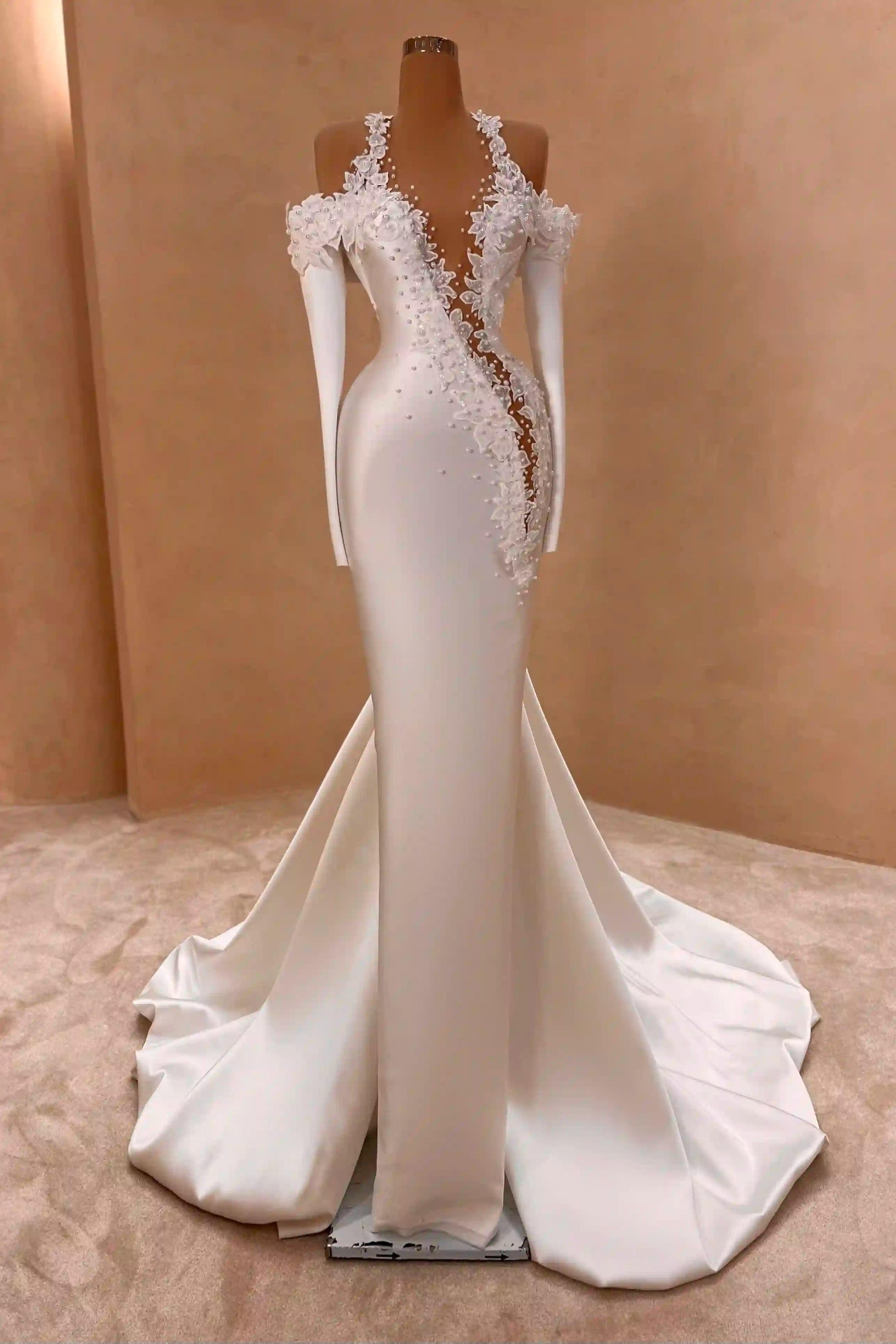 Exquisite Long White Mermaid Straps Satin Long Sleeves Wedding Dress with Pearls