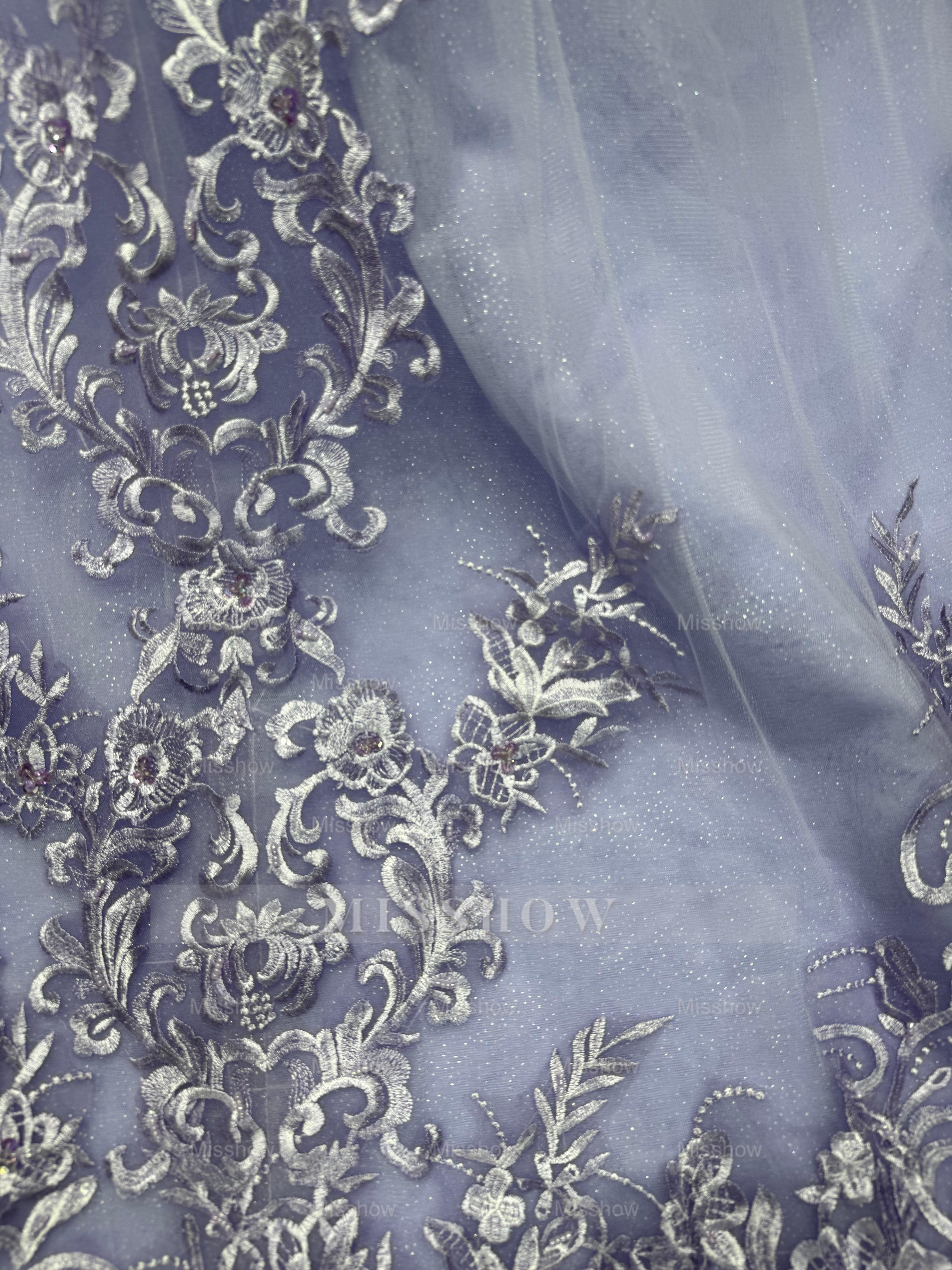 Exquisite Purple Strapless Lace Ball Gown Prom Dress with Appliques