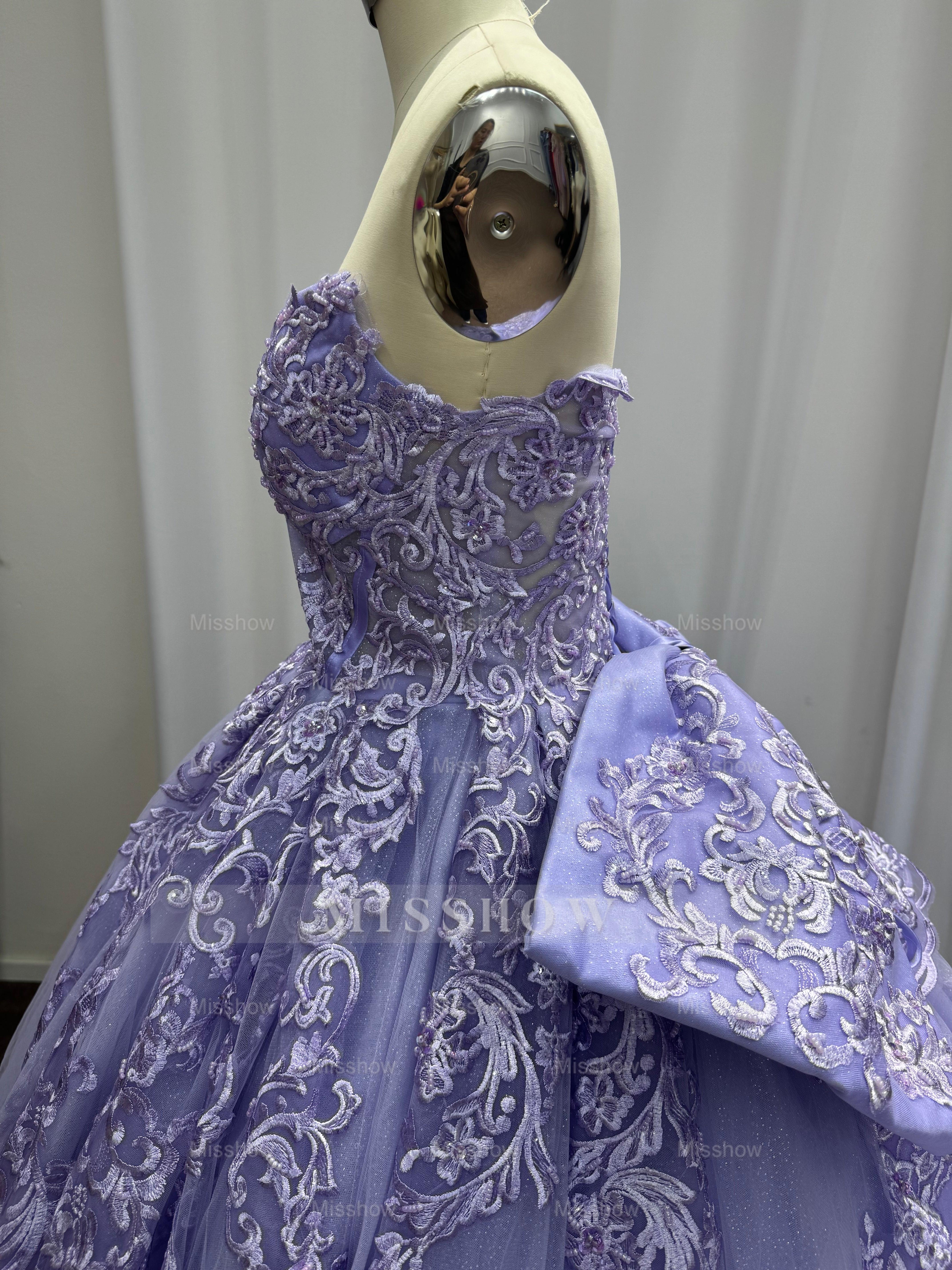 Exquisite Purple Strapless Lace Ball Gown Prom Dress with Appliques