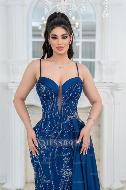 Exquisite Royal Blue Spaghetti Strap Sleeveless Mermaid Formal Dress With Embroidery