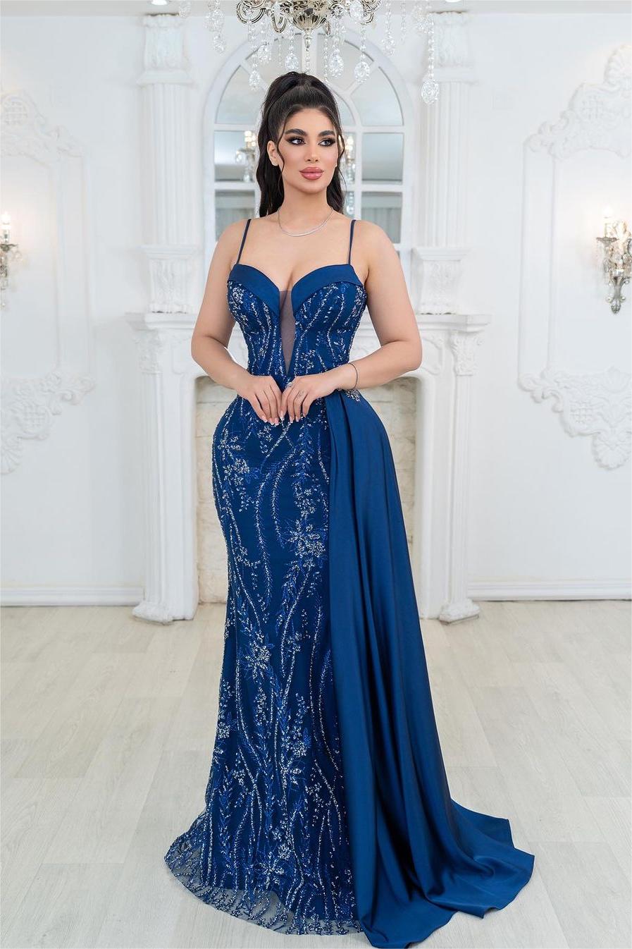 Exquisite Royal Blue Spaghetti Strap Sleeveless Mermaid Formal Dress With Embroidery
