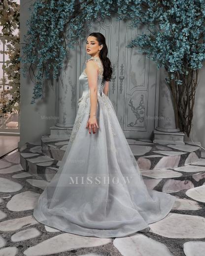 Exquisite Silver Strapless Sleeveless Beaded Mermaid Formal Dress with Detachable Train