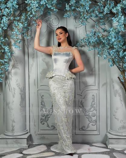 Exquisite Silver Strapless Sleeveless Beaded Mermaid Formal Dress with Detachable Train