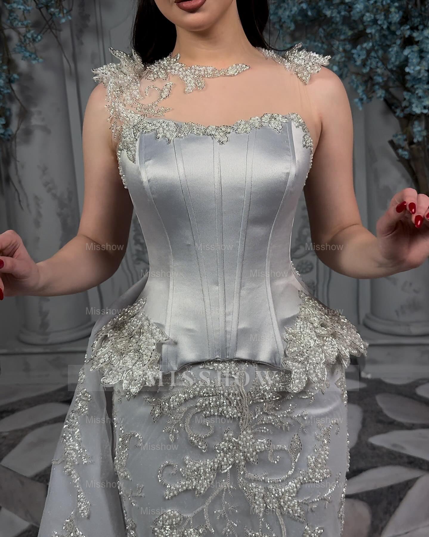 Exquisite Silver Strapless Sleeveless Beaded Mermaid Formal Dress with Detachable Train