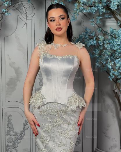 Exquisite Silver Strapless Sleeveless Beaded Mermaid Formal Dress with Detachable Train