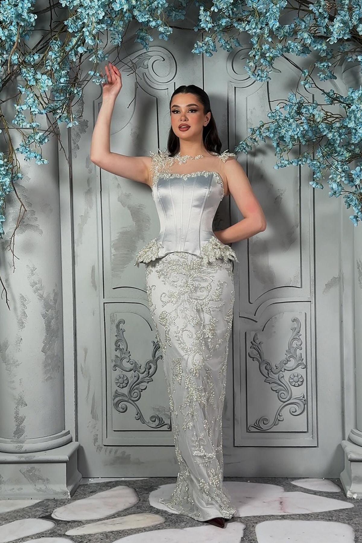 Exquisite Silver Strapless Sleeveless Beaded Mermaid Formal Dress with Detachable Train