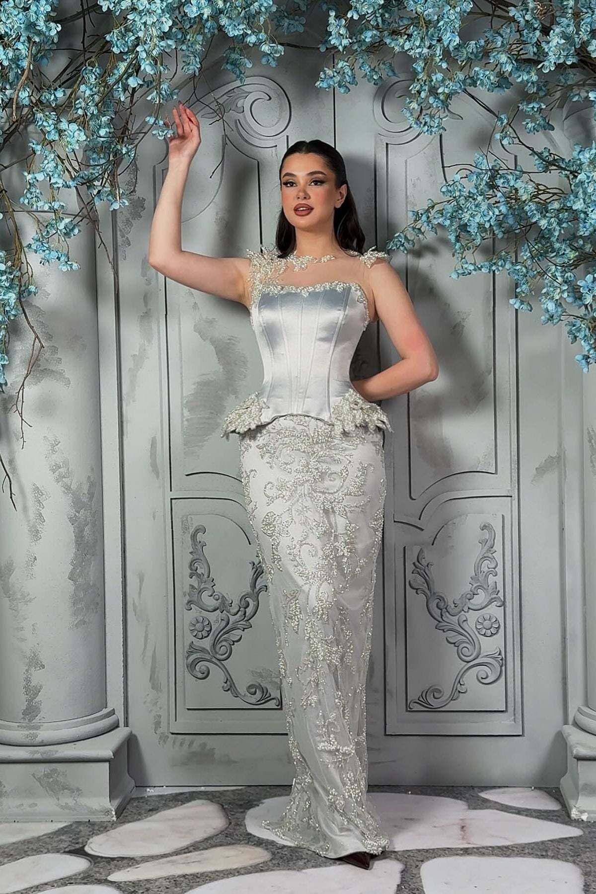 Exquisite Silver Strapless Sleeveless Beaded Mermaid Formal Dress with Detachable Train