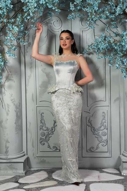 Exquisite Silver Strapless Sleeveless Beaded Mermaid Formal Dress with Detachable Train