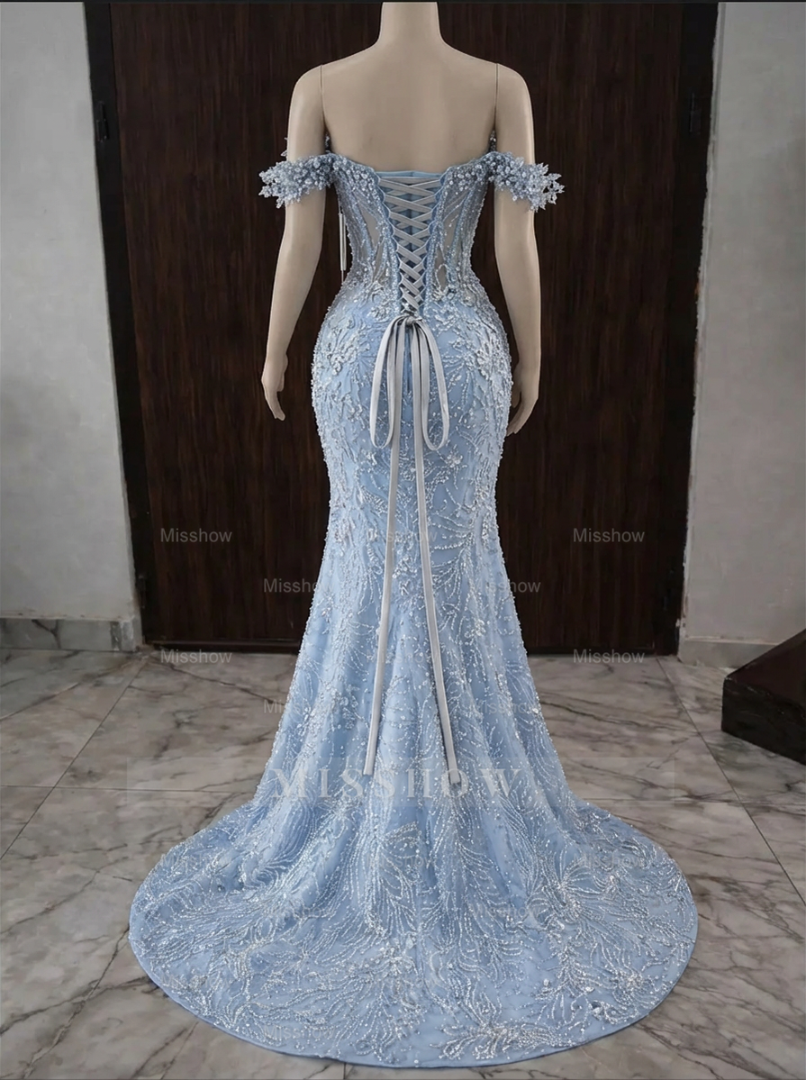 Exquisite Sky Blue Off-the-shoulder Beaded Lace Long Prom Dress with Slit