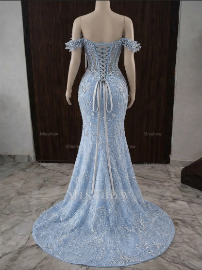 Exquisite Sky Blue Off-the-shoulder Beaded Lace Long Prom Dress with Slit