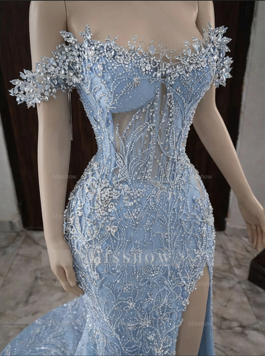 Exquisite Sky Blue Off-the-shoulder Beaded Lace Long Prom Dress with Slit