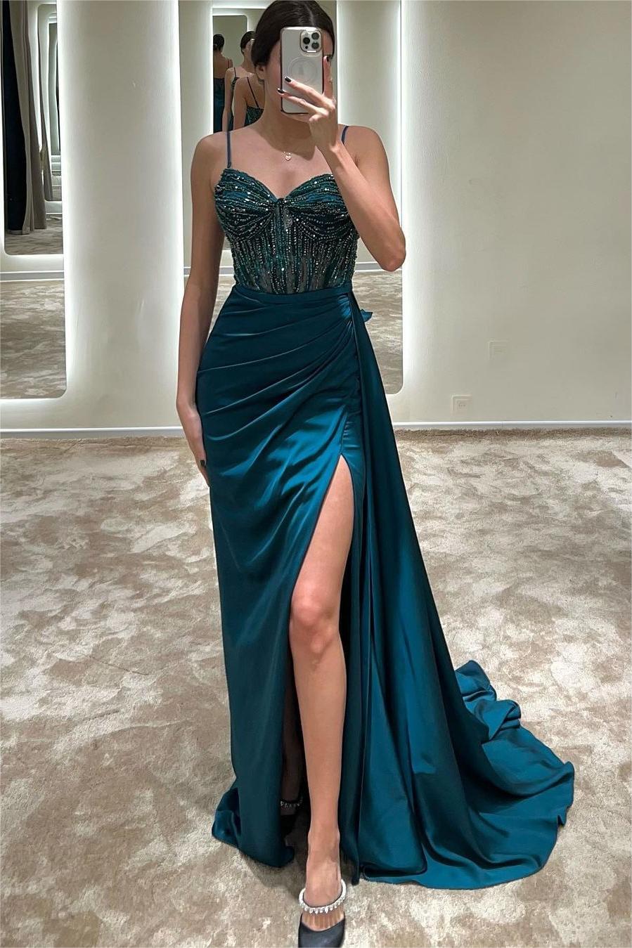 Exquisite Spaghetti Strap Sleeveless Pleated Long Split Formal Dress With Beading