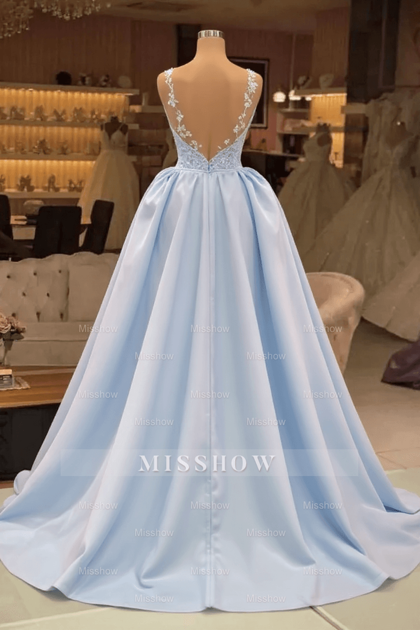 Extravagant Blue Evening Dresses Long Lace Prom Dresses with Detachable Train