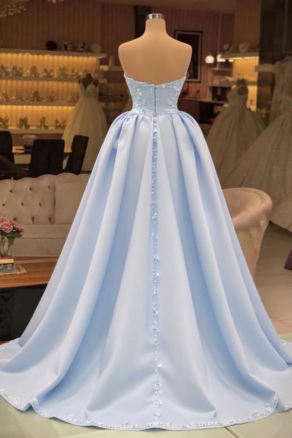 Extravagant Blue Evening Dresses Long Lace Prom Dresses with Detachable Train