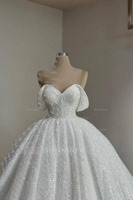 Extravagant Long White A-line Off-the-shoulder Lace Wedding Dress with Pearls