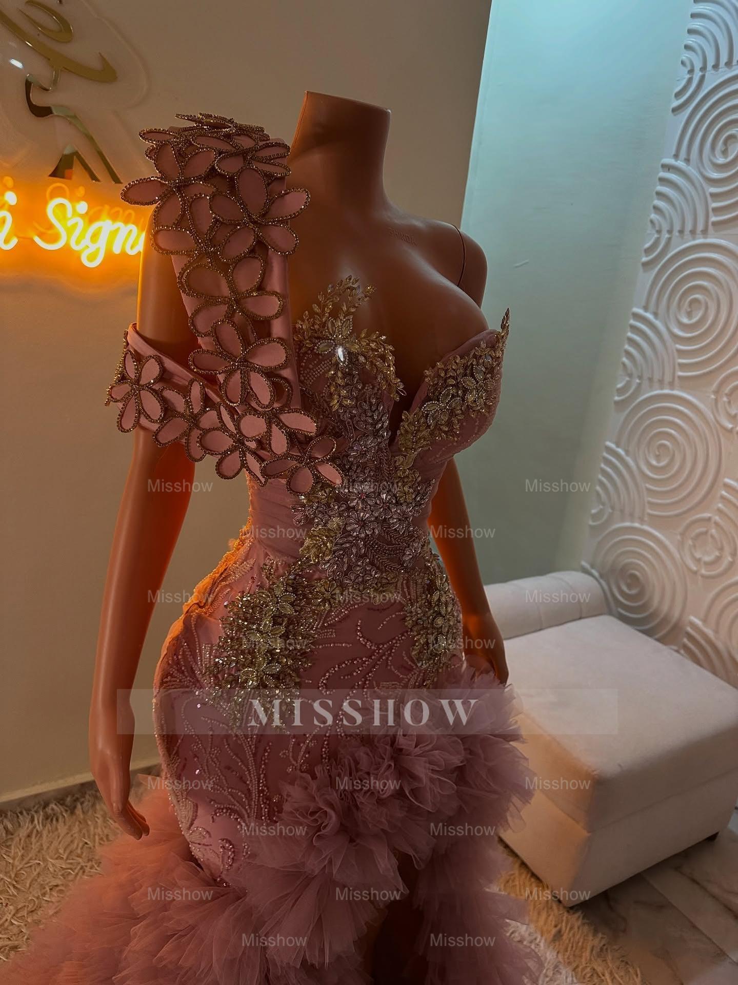 Extraverage Long Pink Mermaid One Shoulder Lace Beaded Prom Dress with Slit and Ruffles