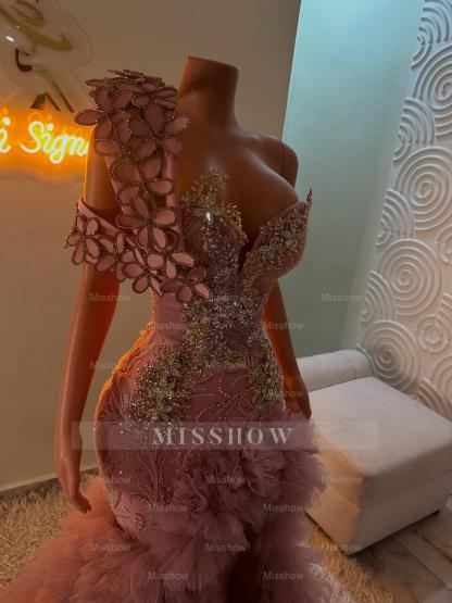 Extraverage Long Pink Mermaid One Shoulder Lace Beaded Prom Dress with Slit and Ruffles