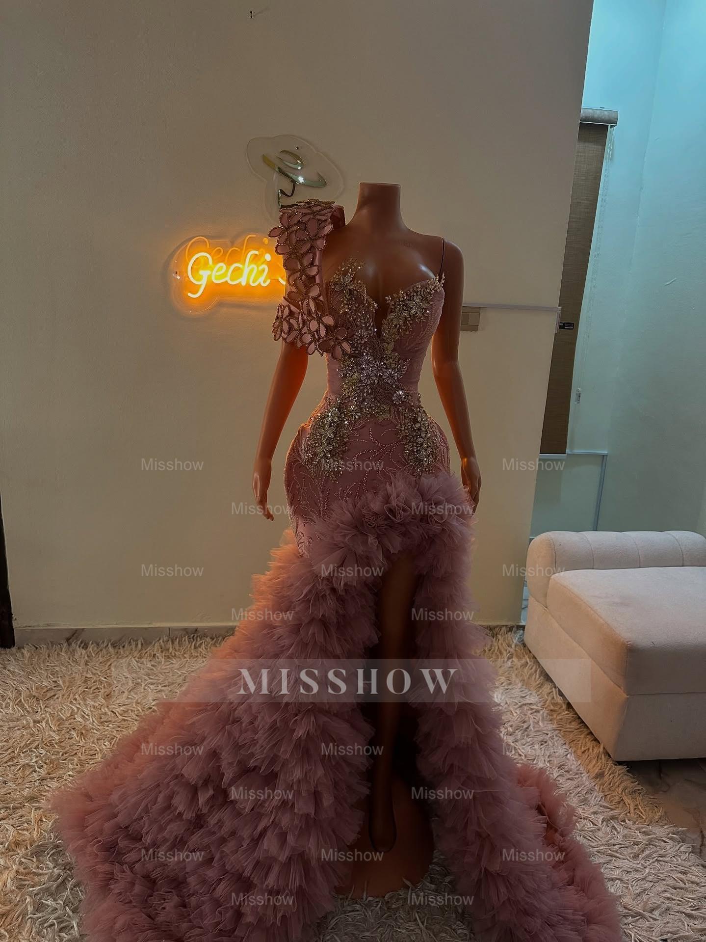 Extraverage Long Pink Mermaid One Shoulder Lace Beaded Prom Dress with Slit and Ruffles