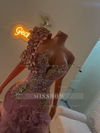 Extraverage Long Pink Mermaid One Shoulder Lace Beaded Prom Dress with Slit and Ruffles