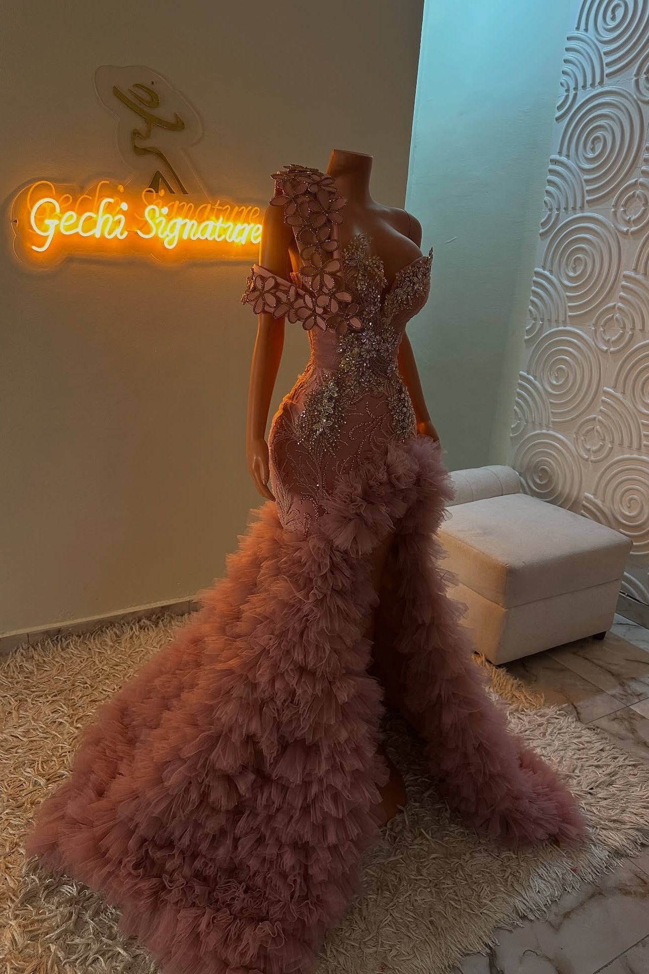 Extraverage Long Pink Mermaid One Shoulder Lace Beaded Prom Dress with Slit and Ruffles