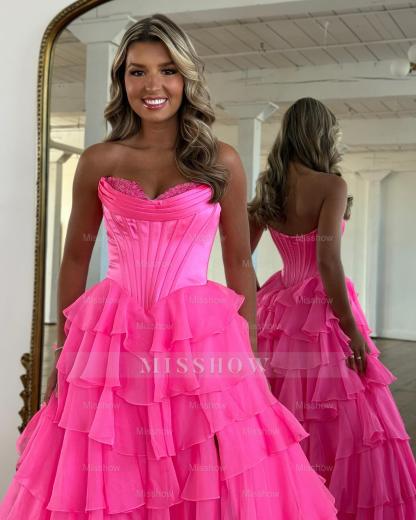 Eye-Catching Fuchsia A-Line Sweetheart Sleeveless Prom Dress with Front Split