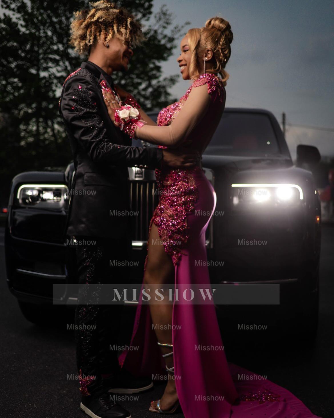 Eye-Catching Long Fuchsia High Neck Long Sleeves Mermaid Prom Dress with Rhinestones and Slit