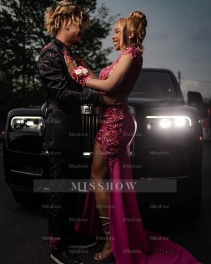 Eye-Catching Long Fuchsia High Neck Long Sleeves Mermaid Prom Dress with Rhinestones and Slit