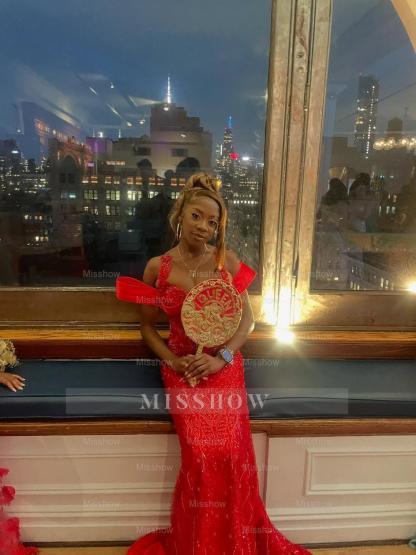 Eye-Catching Long Red Off-The-Shoulder Sleeveless Mermaid Prom Dress with Appliques