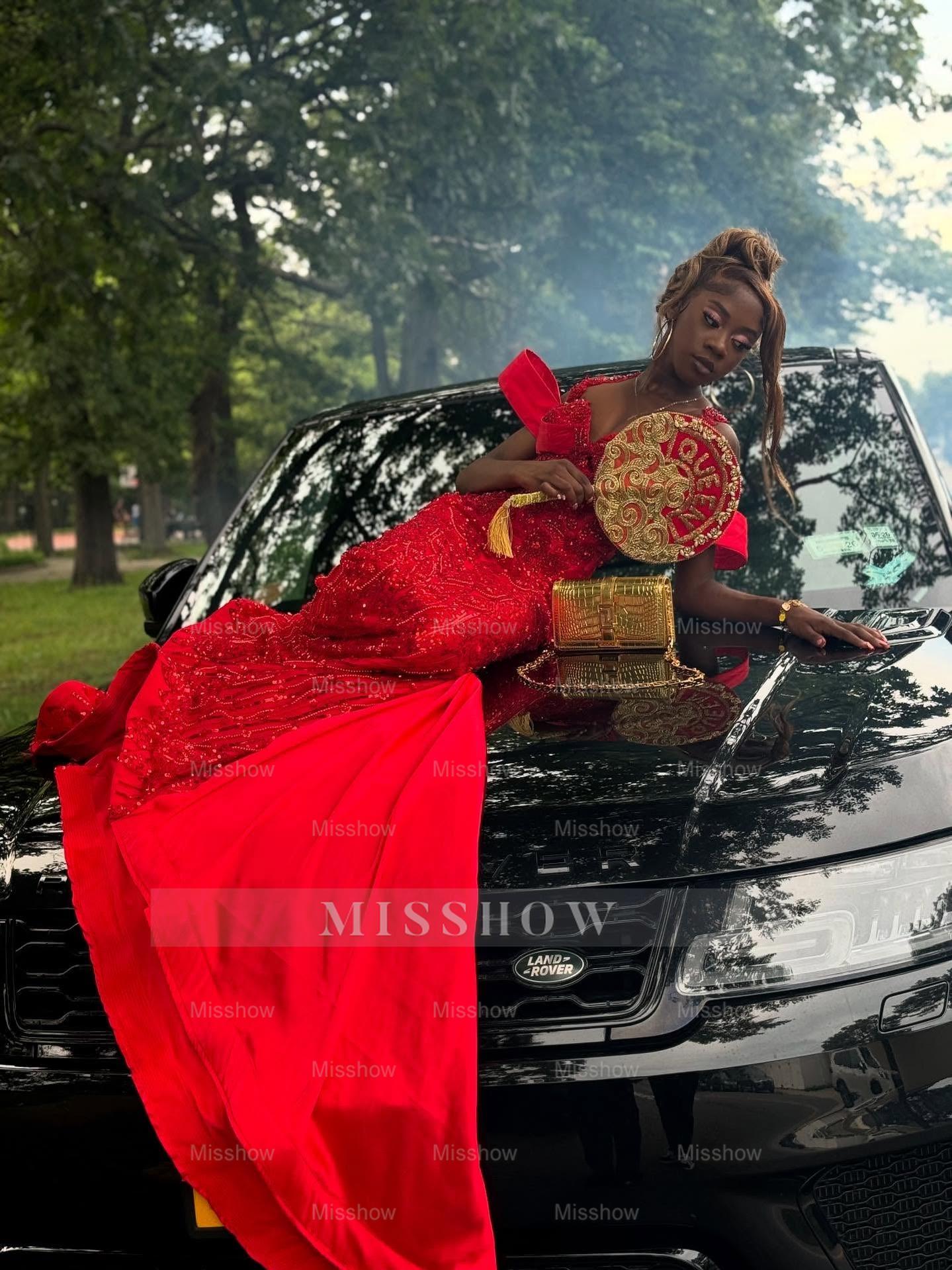 Eye-Catching Long Red Off-The-Shoulder Sleeveless Mermaid Prom Dress with Appliques