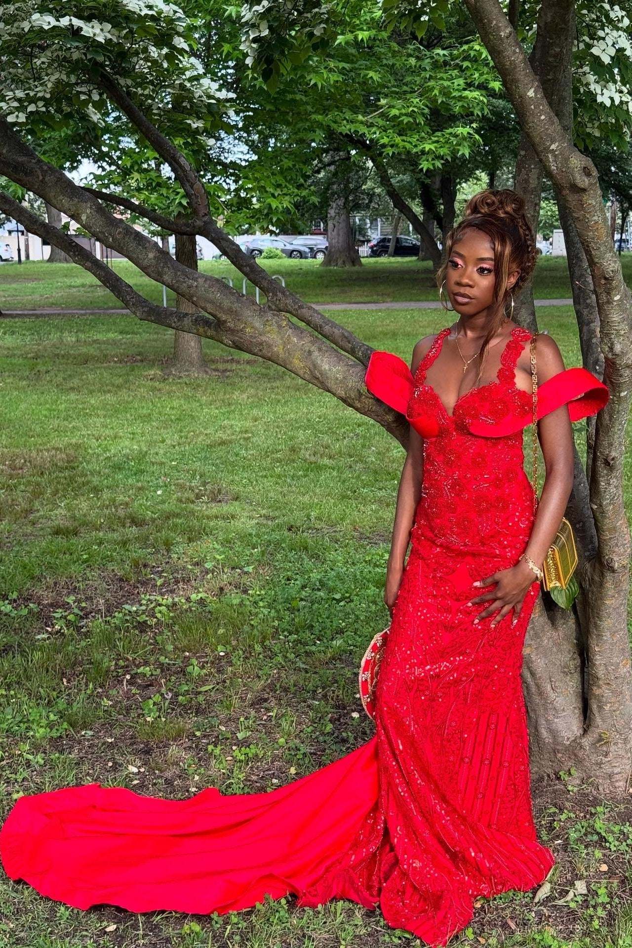 Eye-Catching Long Red Off-The-Shoulder Sleeveless Mermaid Prom Dress with Appliques